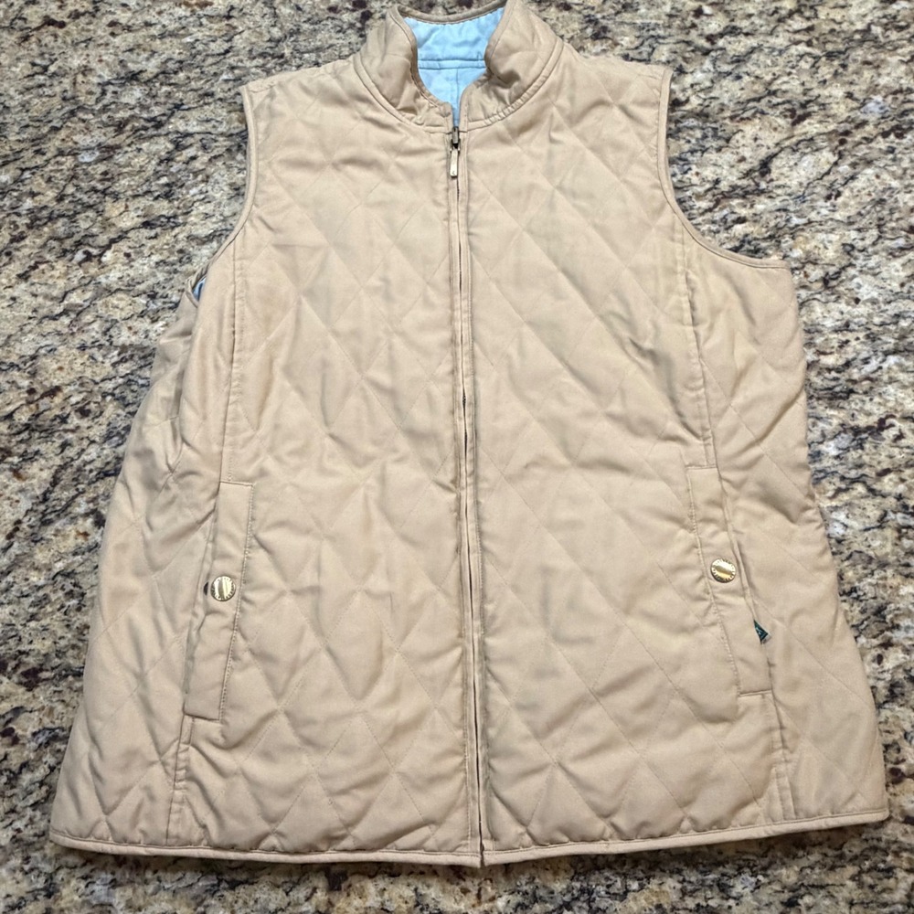Lauren‎ Ralph Lauren Reversible Quilted Vest Tan Light Blue Womens Medium Zip Up